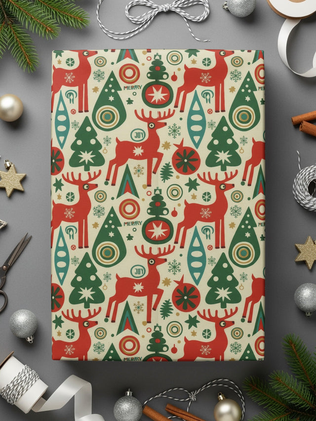 Festive Christmas Deer and Trees Wrapping Paper Sheet