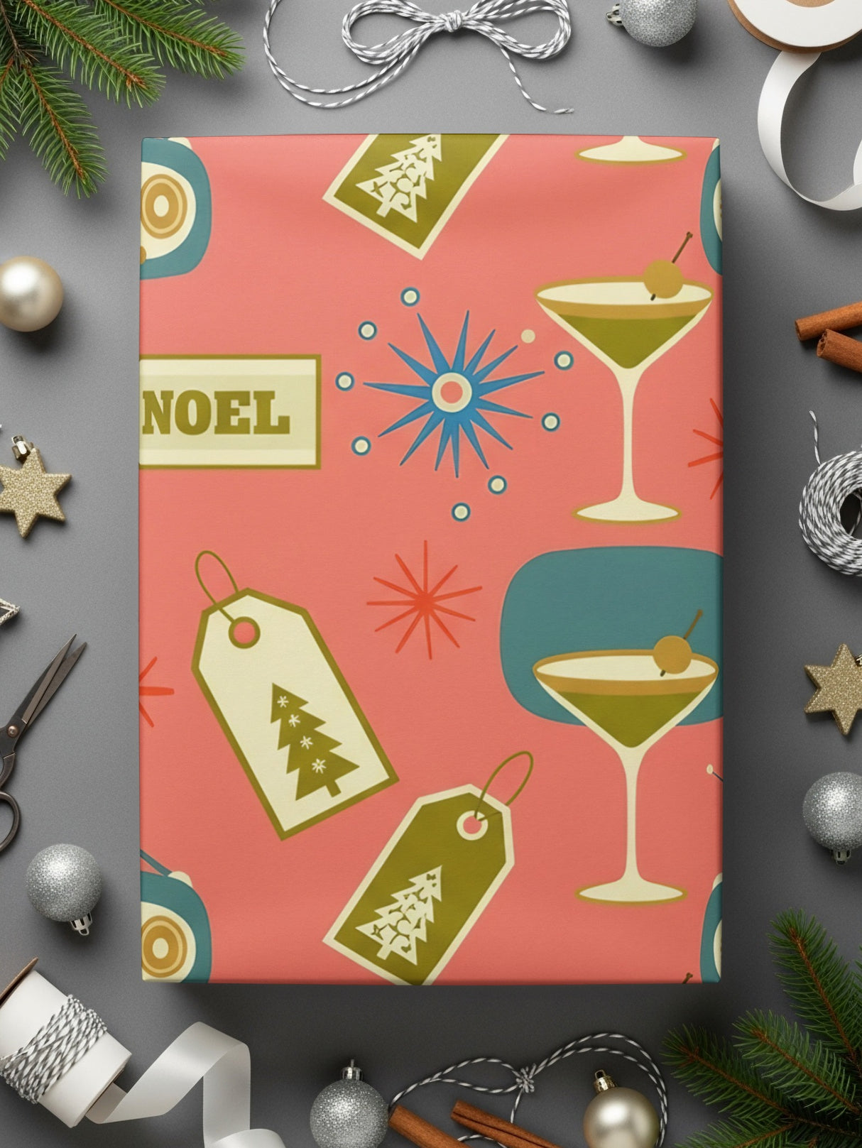 Festive Noel Holiday Martini Gift Wrap Paper