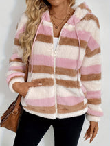 Drawstring Striped Zip Up Hooded Jacket