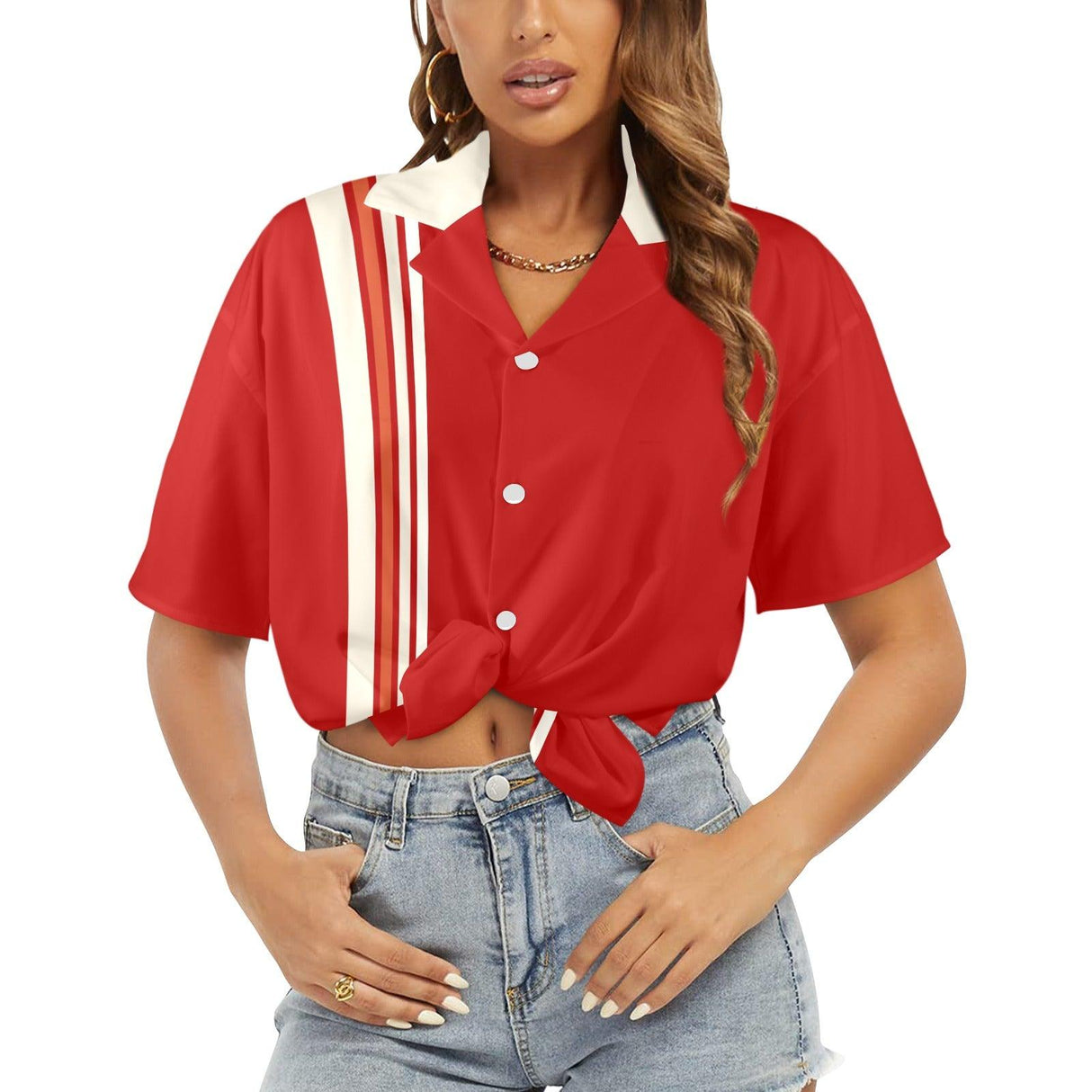 Bright Red Wide White Stripe Bowling Style - Women's Retro Bowling Shirt