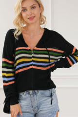 Striped Zip Up Women's Hooded Cardigan