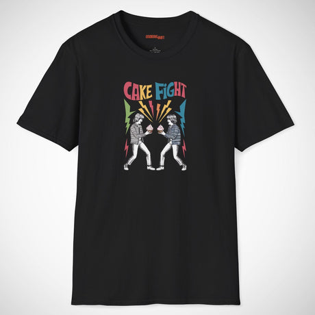 Black t-shirt with 'Cake Fight' graphic design on a white background