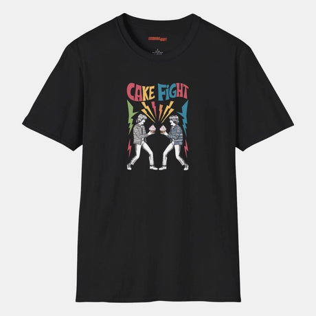 Black t-shirt with 'Cake Fight' graphic design on a white background