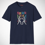 Navy t-shirt with 'Cake Fight' graphic design on a white background