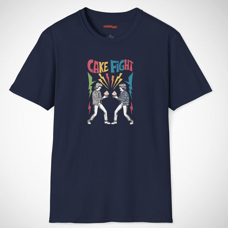 Navy t-shirt with 'Cake Fight' graphic design on a white background