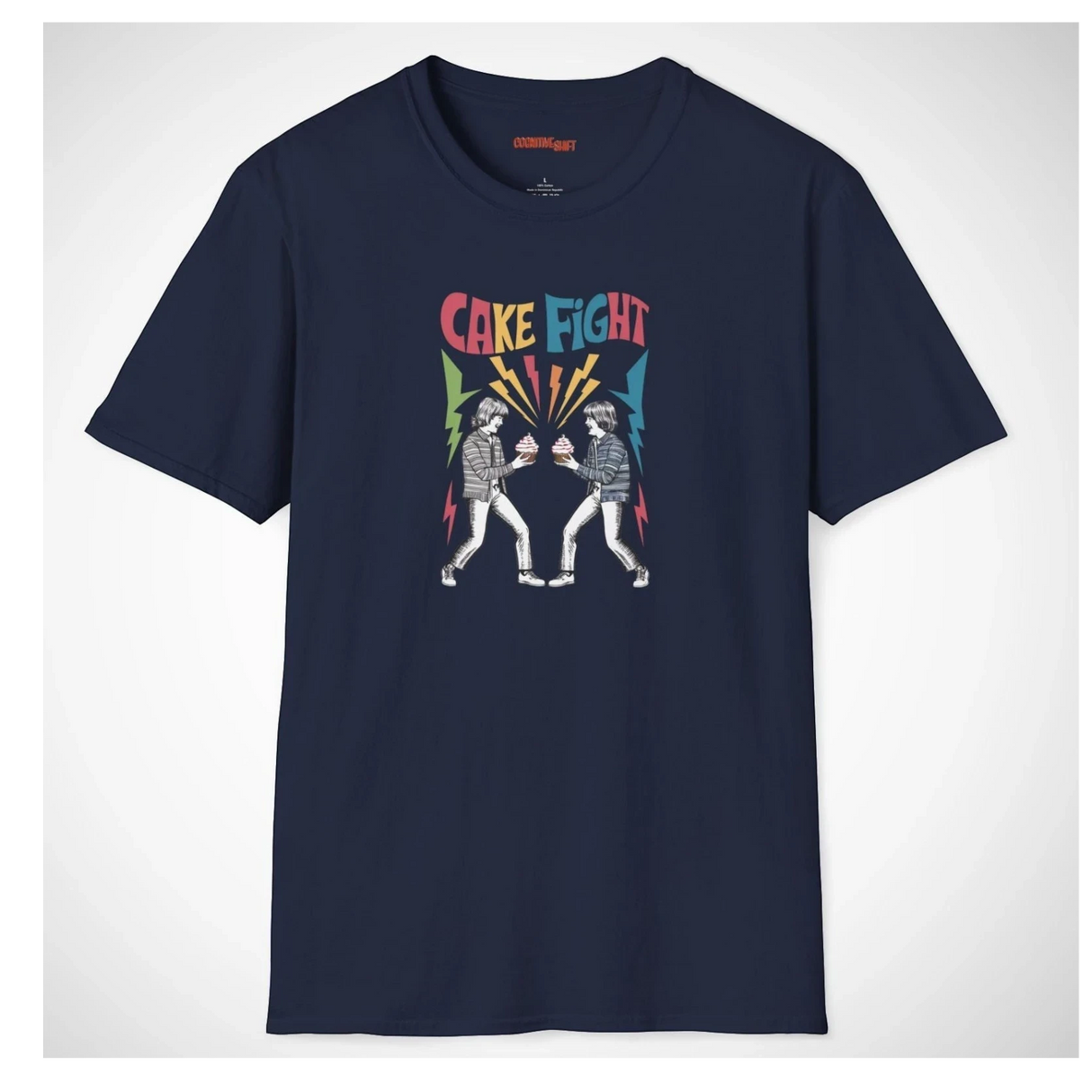 Navy t-shirt with 'Cake Fight' graphic design on a white background