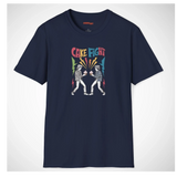 Navy t-shirt with 'Cake Fight' graphic design on a white background