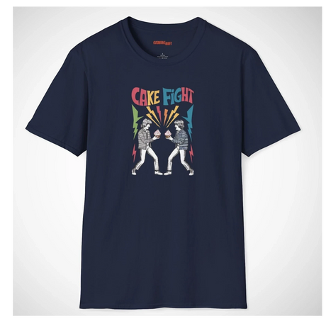Navy t-shirt with 'Cake Fight' graphic design on a white background