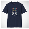 Navy t-shirt with 'Cake Fight' graphic design on a white background
