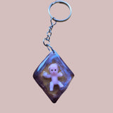 Keychain with a small figurine inside a purple frame on a brown surface