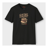 Black t-shirt with 'Cold War Cold Brew Coffee' graphic on a white background