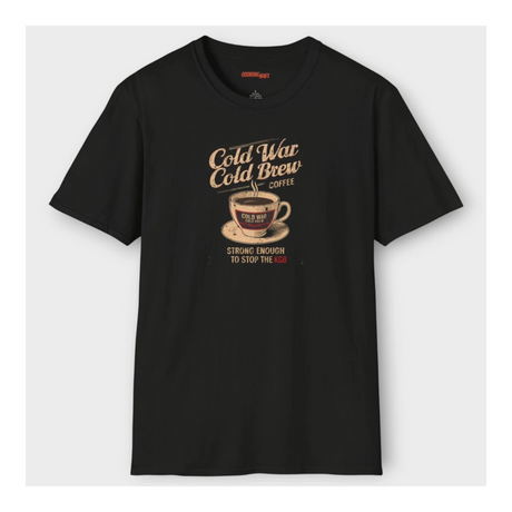Black t-shirt with 'Cold War Cold Brew Coffee' graphic on a white background
