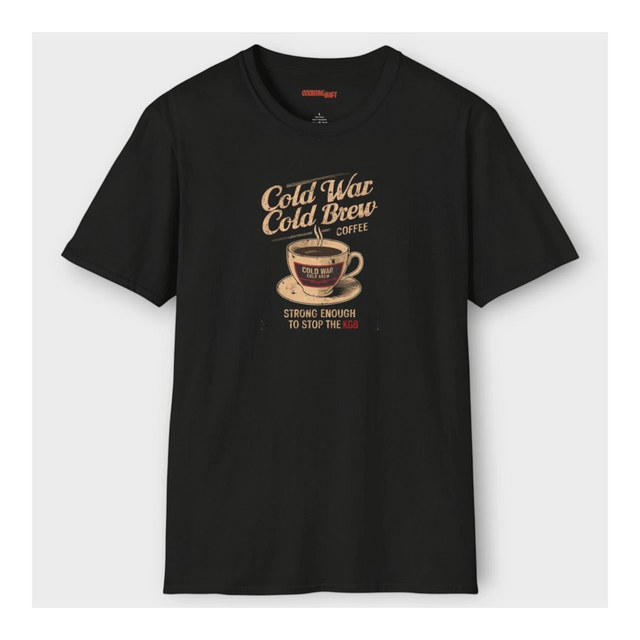 Black t-shirt with 'Cold War Cold Brew Coffee' graphic on a white background