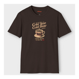 Brown t-shirt with 'Cold War Cold Brew Coffee' graphic on a white background