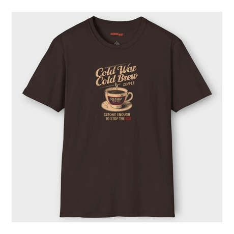 Brown t-shirt with 'Cold War Cold Brew Coffee' graphic on a white background
