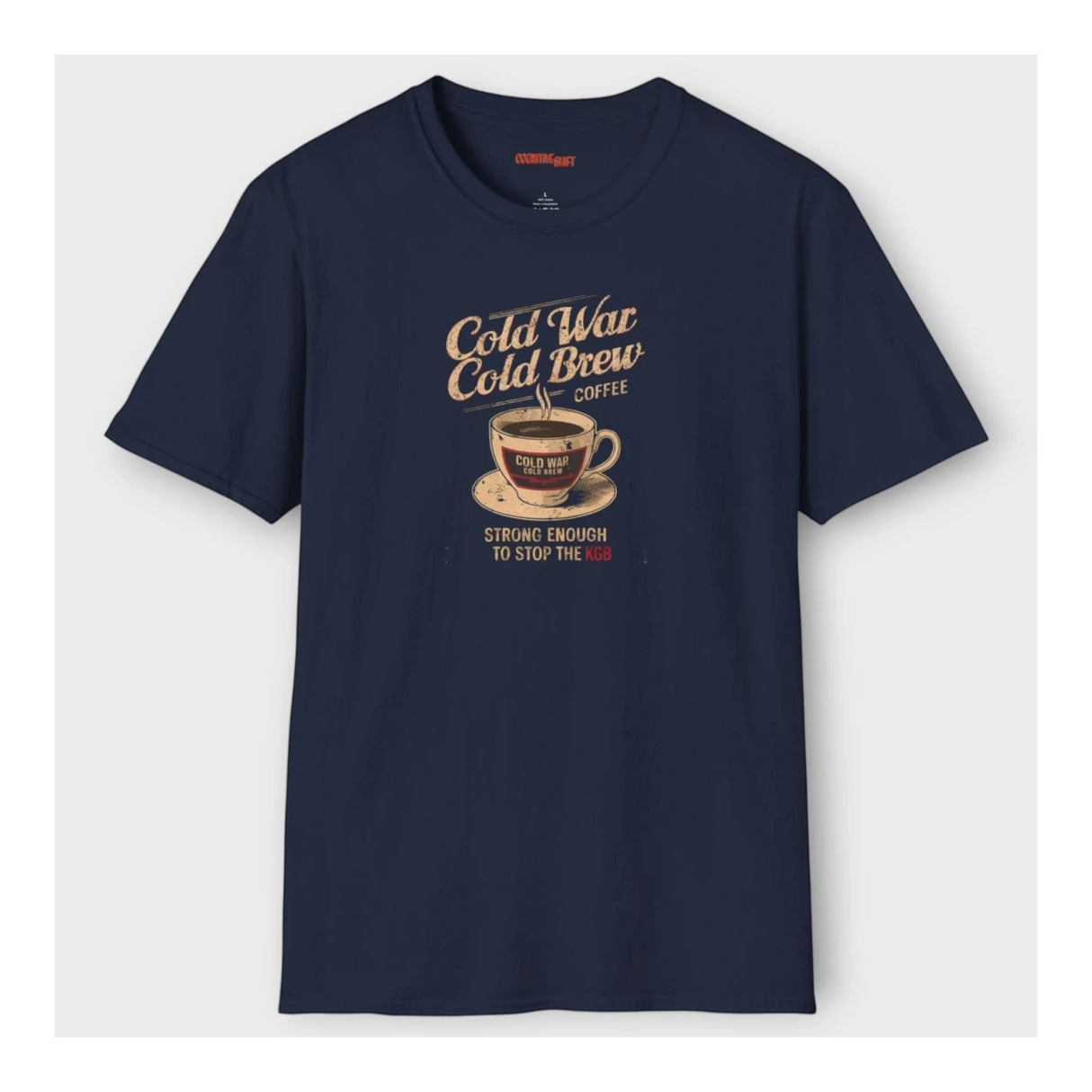 Black t-shirt with 'Cold War Cold Brew Coffee' graphic on a white background