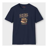 Black t-shirt with 'Cold War Cold Brew Coffee' graphic on a white background