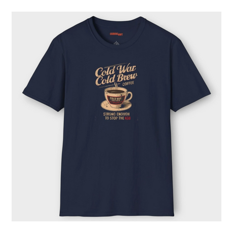 Black t-shirt with 'Cold War Cold Brew Coffee' graphic on a white background