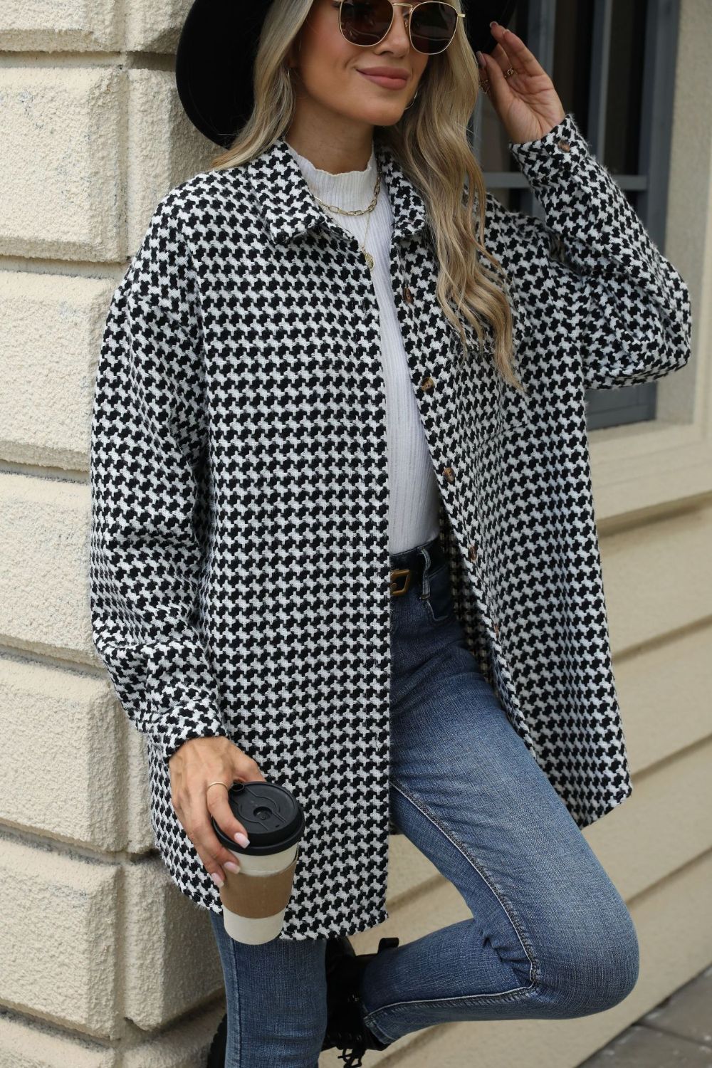 60s Mod Houndstooth Button Up Dropped Shoulder Coat