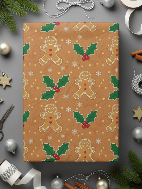 Festive Gingerbread and Holly Wrapping Paper for Holiday Gifts