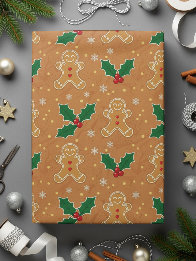 Festive Gingerbread and Holly Wrapping Paper for Holiday Gifts