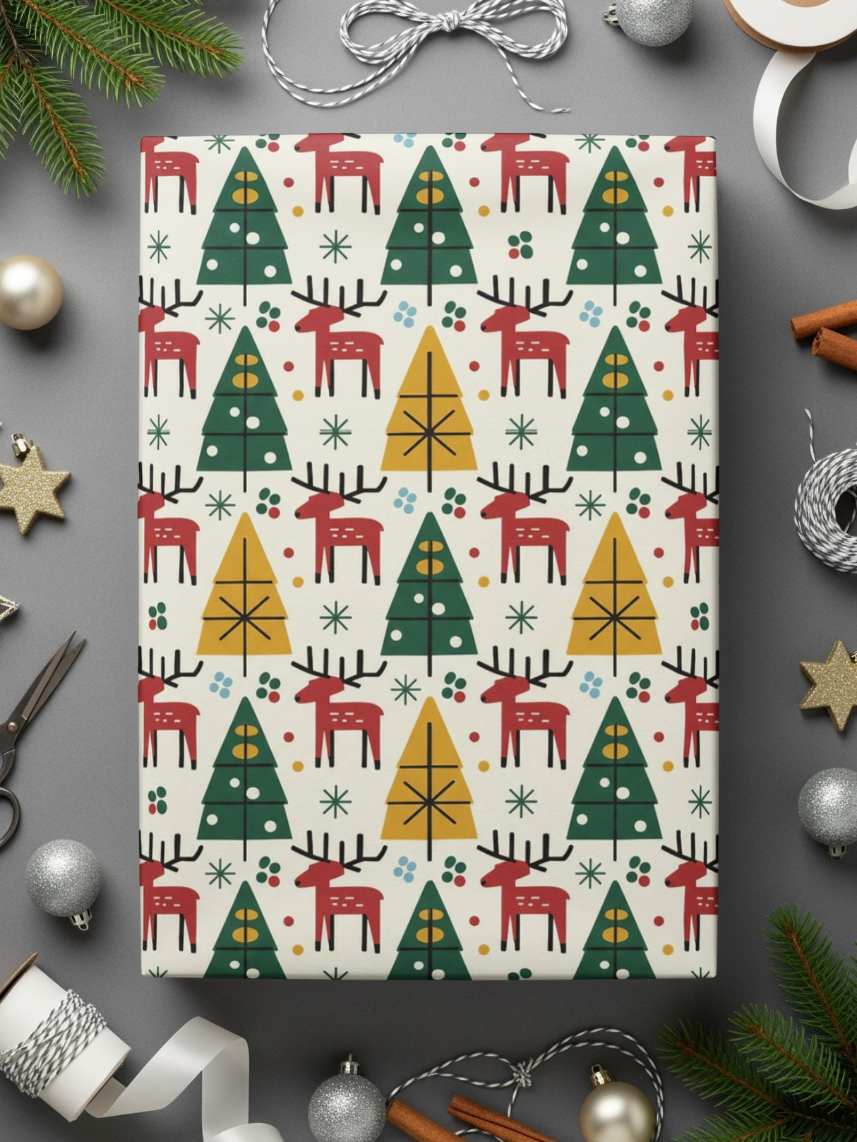 Festive Christmas Trees and Reindeers Wrapping Paper
