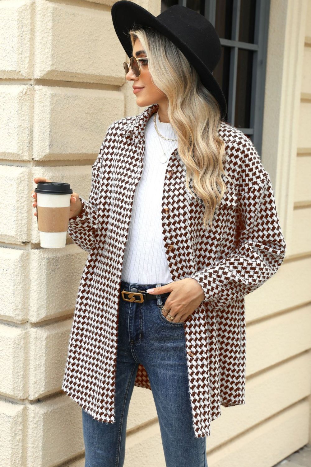 60s Mod Houndstooth Button Up Dropped Shoulder Coat