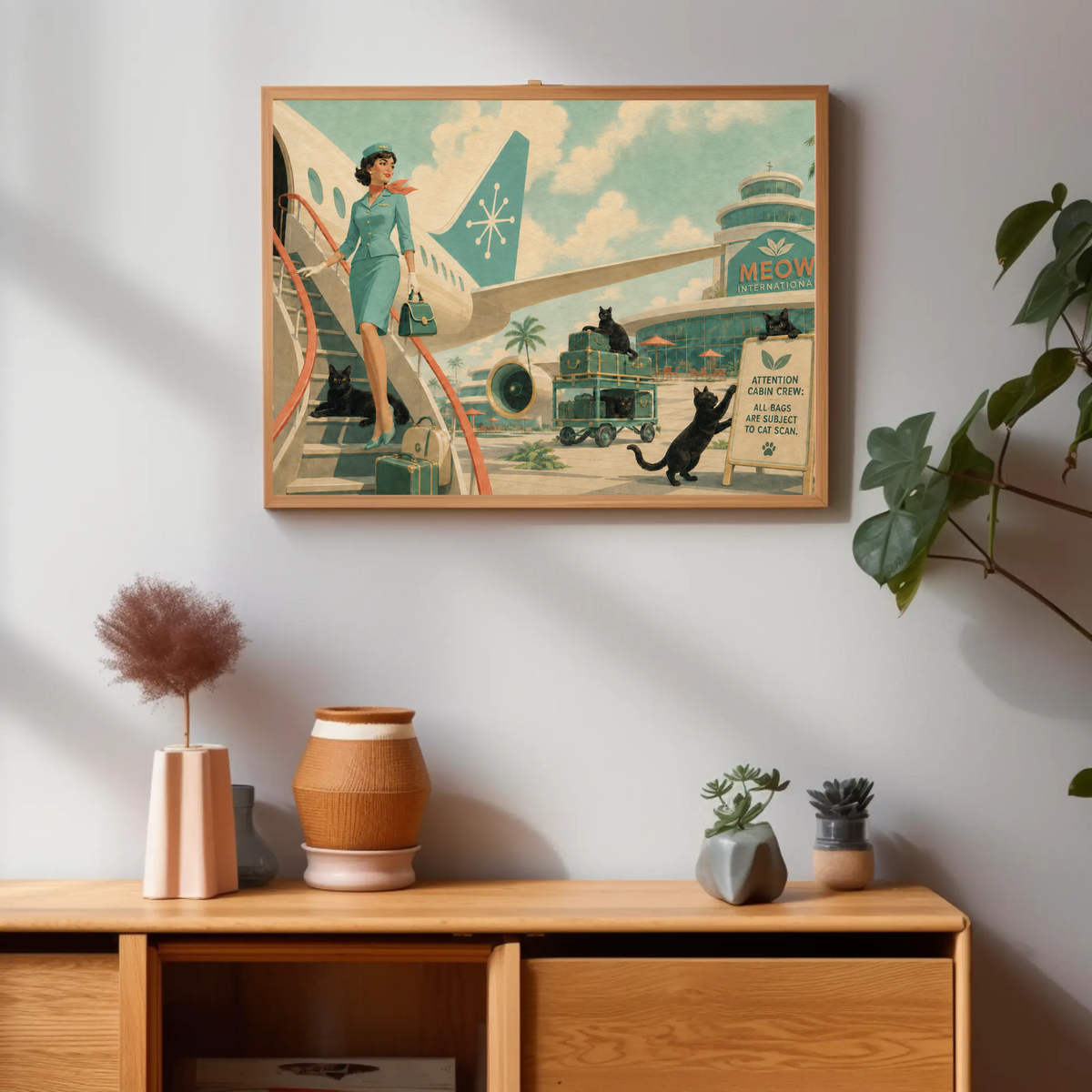 Retro style art print of a flight attendant boarding a plane with cats at an airport.