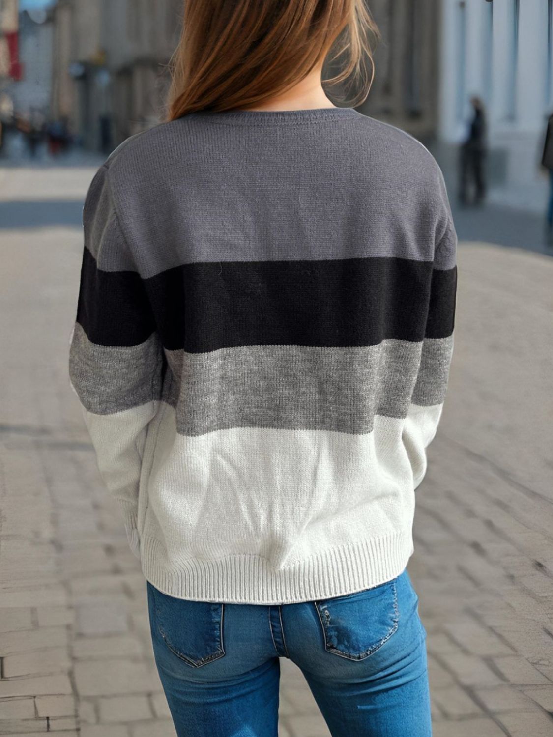 Color Block Round Neck Long Sleeve Sweater