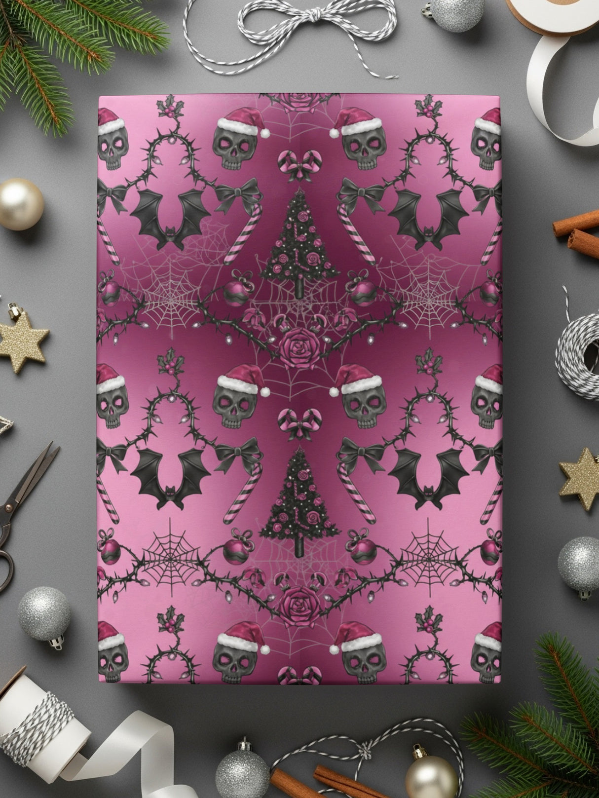 Spooky Pink Christmas Wrapping Paper Design