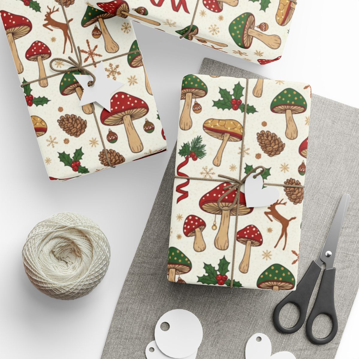 Festive Mushrooms Pinecones Gifts Wrapping Paper