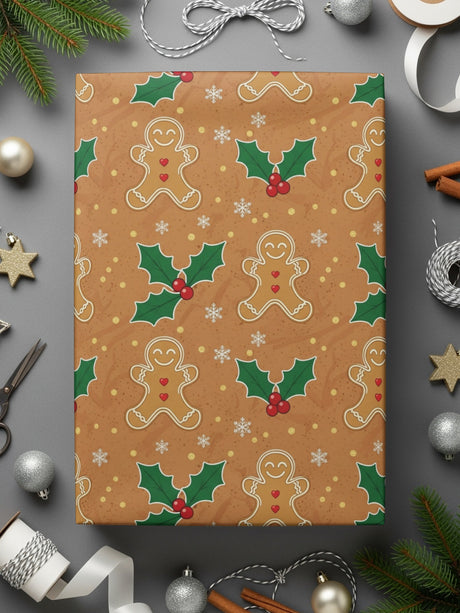 Festive gingerbread and holly holiday wrapping paper