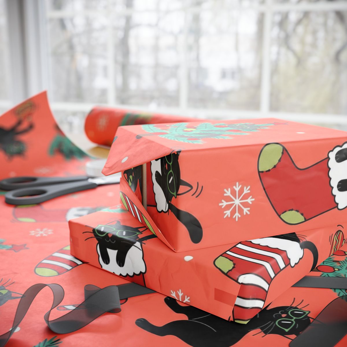 Festive Black Cat Christmas Gift Wrapping Paper