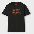 mostly peaceful rust design on black shirt white background