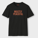 mostly peaceful rust design on black shirt white background