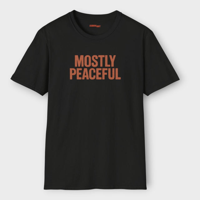 mostly peaceful rust design on black shirt white background