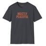 mostly peaceful rust design on grey shirt white background