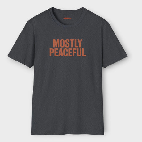 mostly peaceful rust design on grey shirt white background