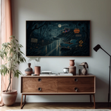 A framed dark fantasy art print depicting a vintage car on a moonlit road through a tropical forest, displayed on a light gray wall above a mid-century modern wooden sideboard with decorative vases and a potted plant.