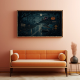A framed art print depicting a spooky motel night scene with a vintage car and moonlit road, displayed on a peach-pink wall above a modern orange sofa in a styled living room.