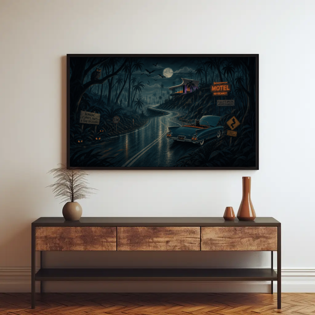 A framed dark fantasy art print depicting a classic car on a wet road at night, displayed on a white wall above a wooden console table with decorative vases.