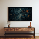 A framed dark fantasy art print depicting a classic car on a wet road at night, displayed on a white wall above a wooden console table with decorative vases.
