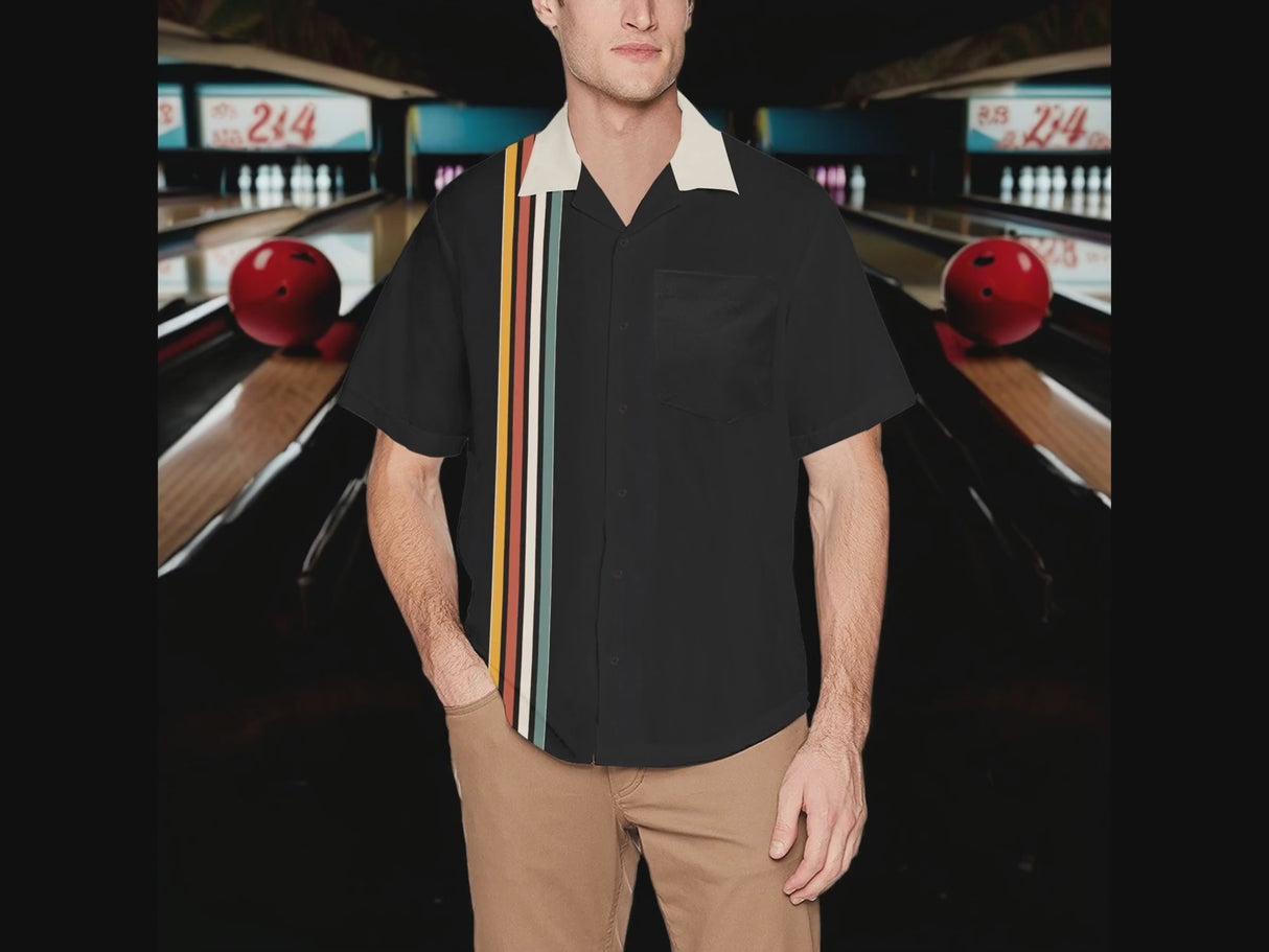 Johnny Black and Off-White with Retro Stripes Bowling Style - Retro Button Up Shirt