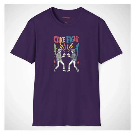 Purple t-shirt with 'Cake Fight' graphic design on a white background