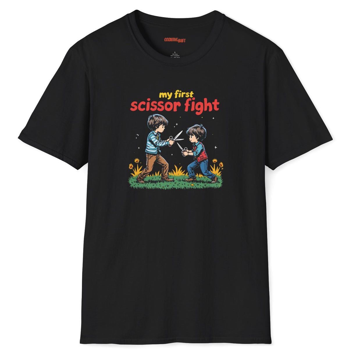 Black t-shirt with a graphic of two children playing and text 'my first scissor fight' on a white background.