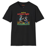 Black t-shirt with a graphic of two children playing and text 'my first scissor fight' on a white background.