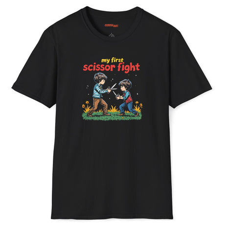 Black t-shirt with a graphic of two children playing and text 'my first scissor fight' on a white background.