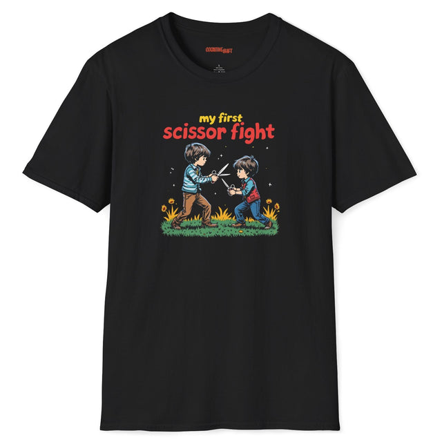 Black t-shirt with a graphic of two children playing and text 'my first scissor fight' on a white background.