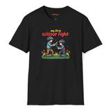 Black t-shirt with a graphic of two children playing and text 'my first scissor fight' on a white background.