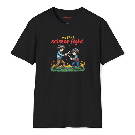 Black t-shirt with a graphic of two children playing and text 'my first scissor fight' on a white background.